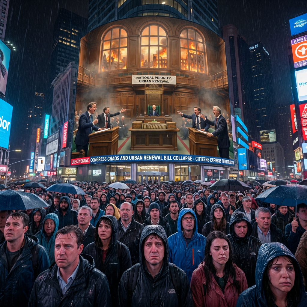 Crowd in rain watches billboard news: "CONGRESS CHAOS AND URBAN RENEWAL BILL COLLAPSE".