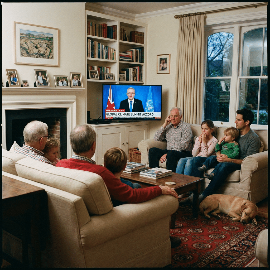Family in a living room watching a TV news report on GLCBAL CLIMATE SUMMIT ACCORD.