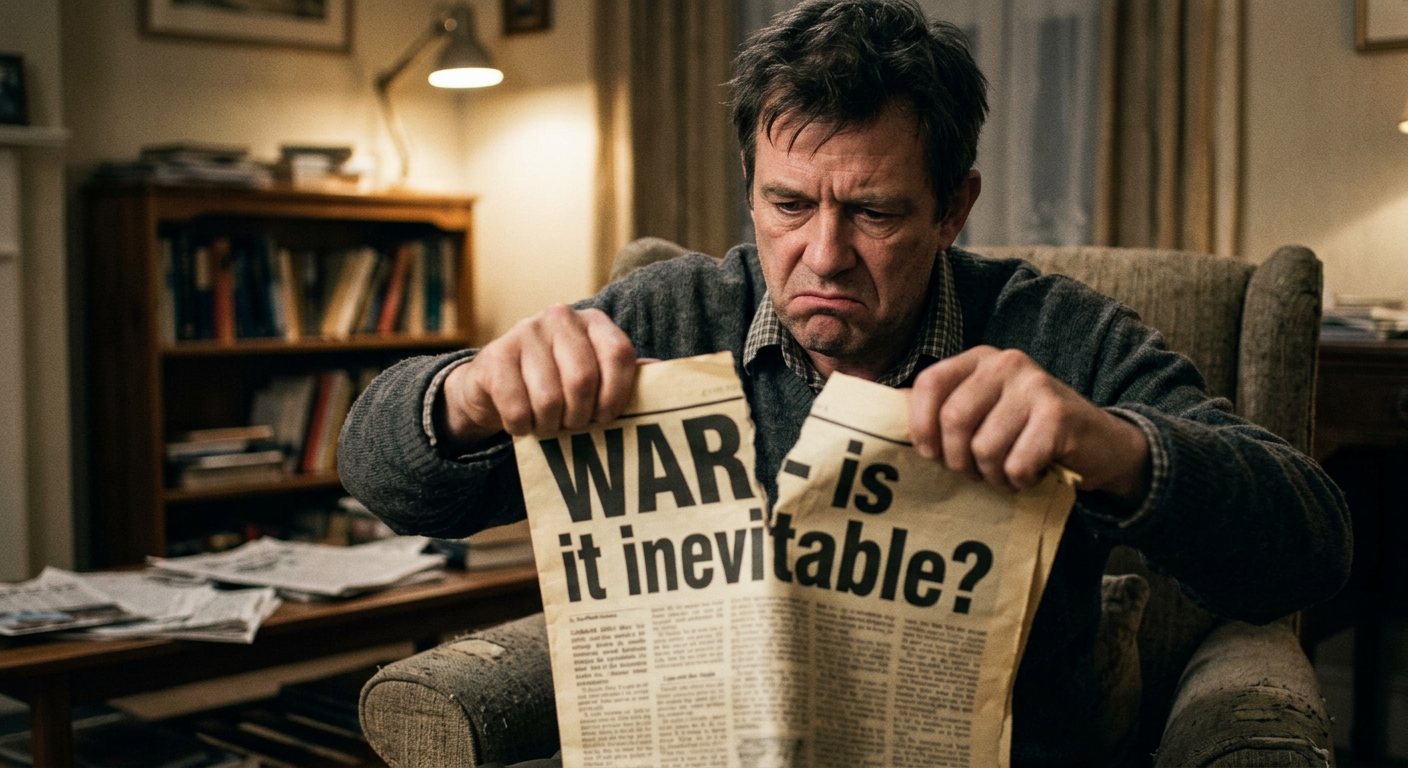 Man tearing newspaper with headline 'WAR - is it inevitable?','