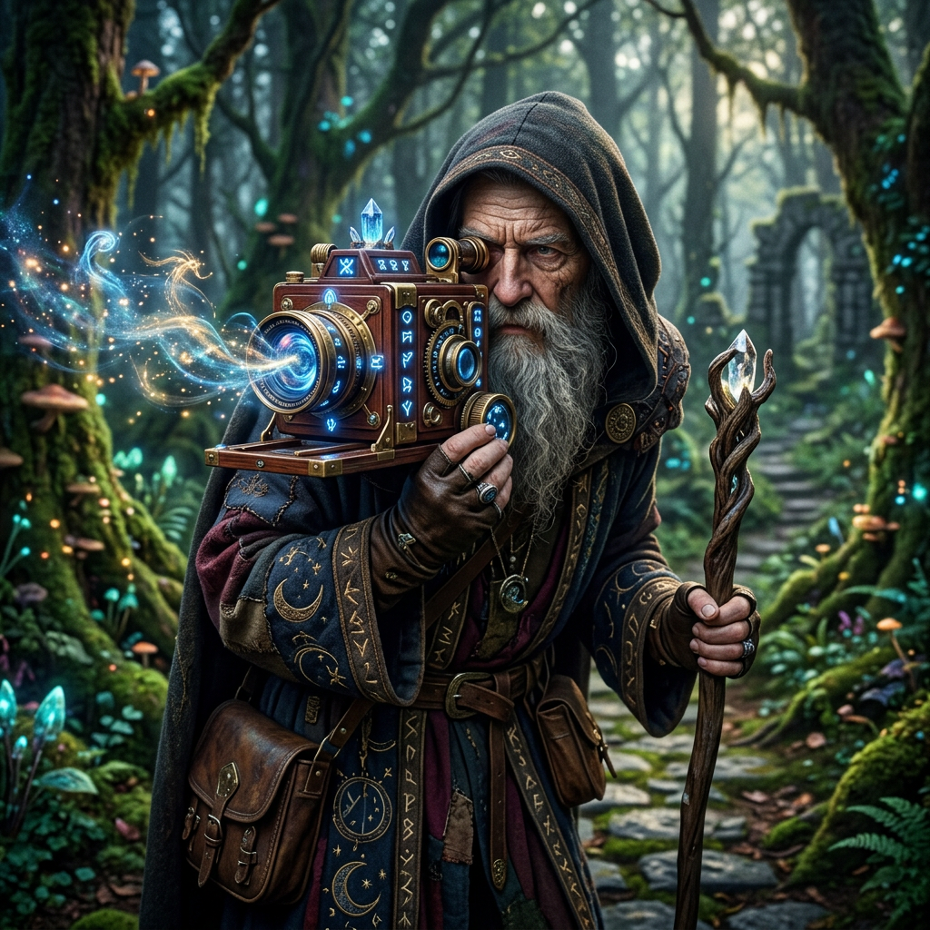 Elderly wizard holding a glowing magical camera and staff in an enchanted forest