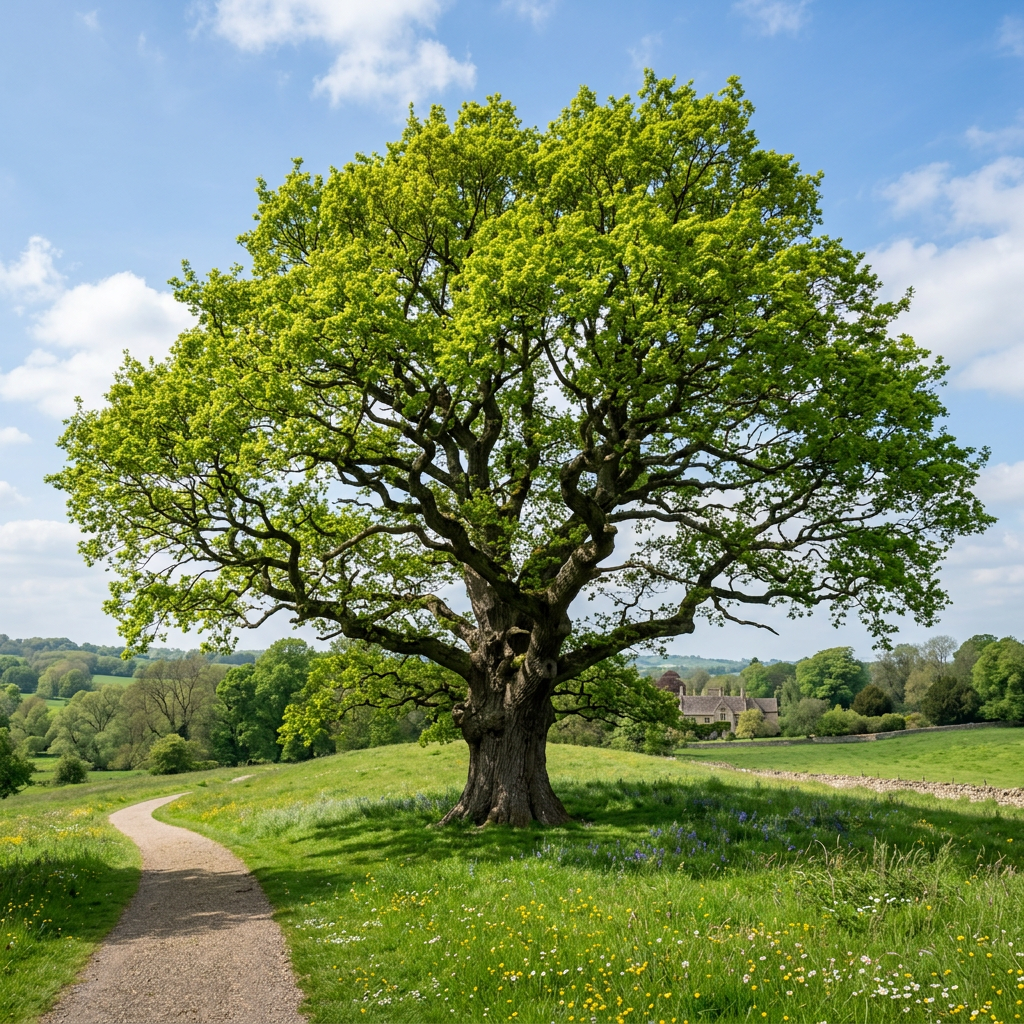 joy - A large oak tree with bright green leaves next to a curving dirt path in a grassy field