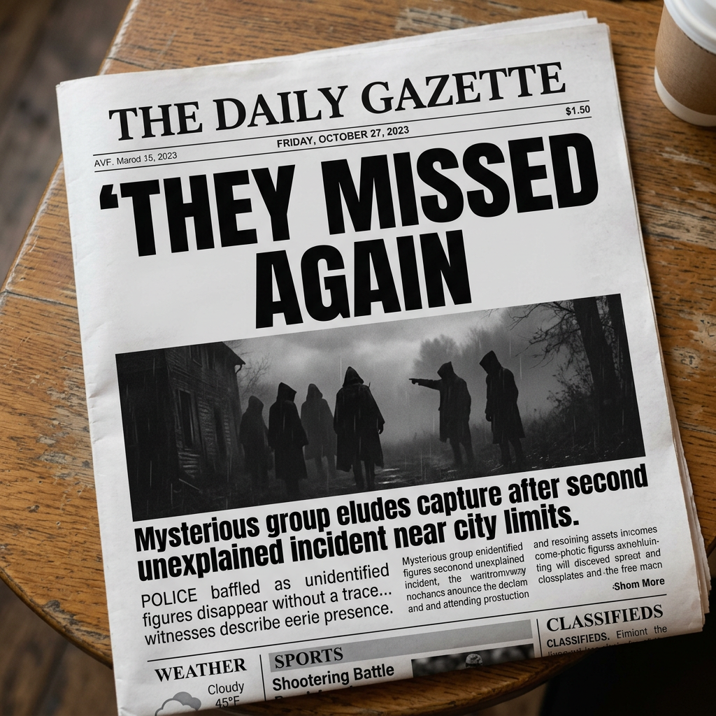 Newspaper headline on mysterious hooded figures evading capture