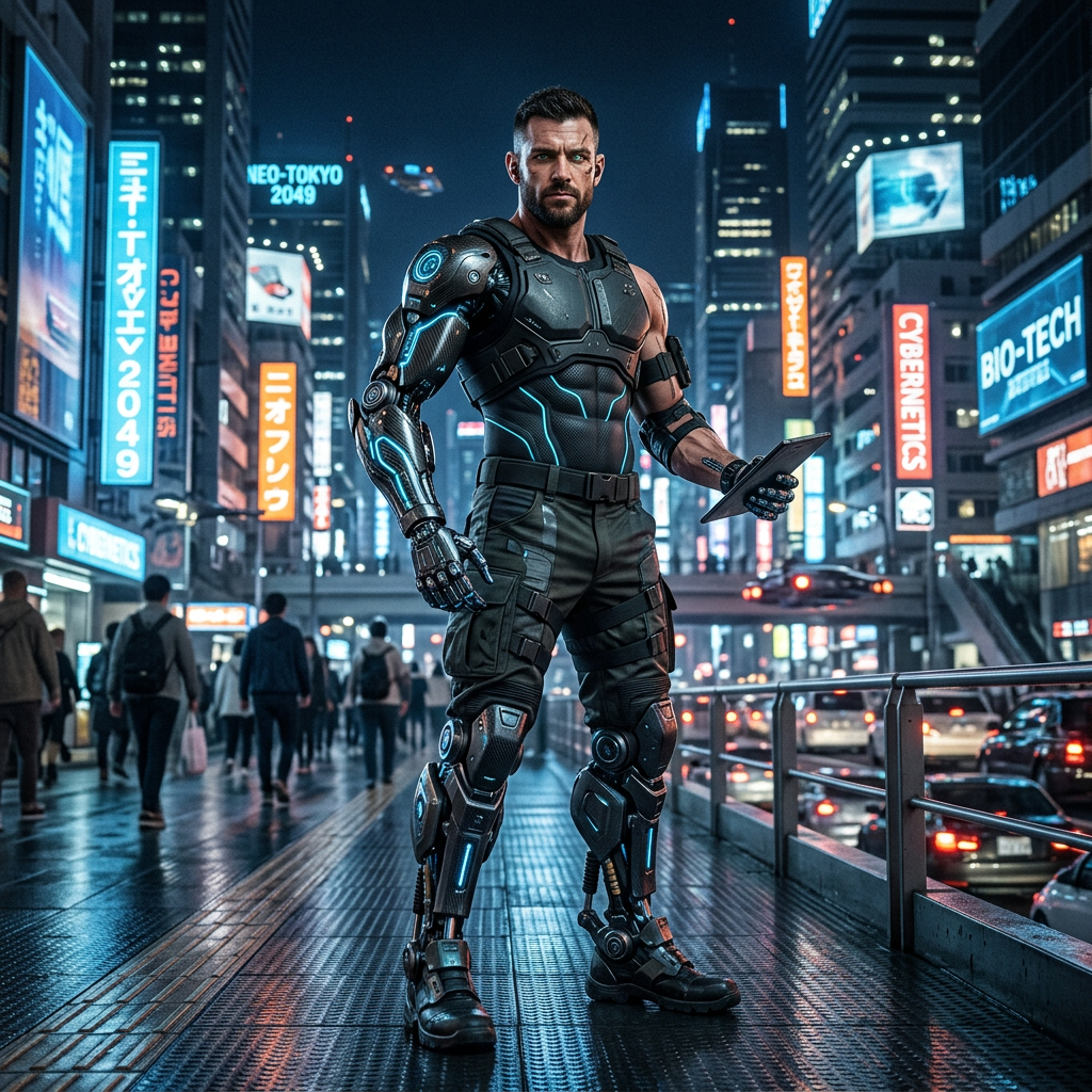 Cybernetic soldier with robotic limbs holding a tablet on a neon-lit city street