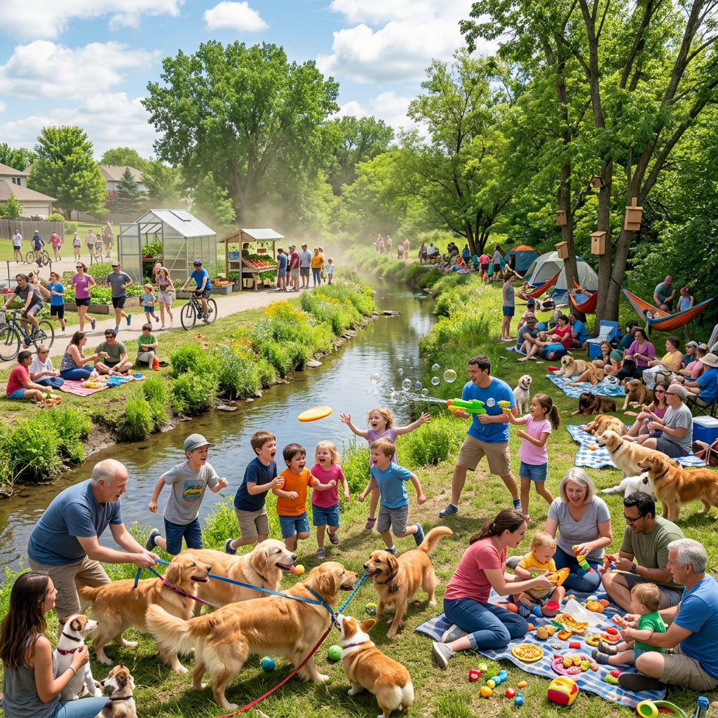 Horizon of Hope good news - People and dogs picnicking and playing along a grassy creekside with trees and market stalls