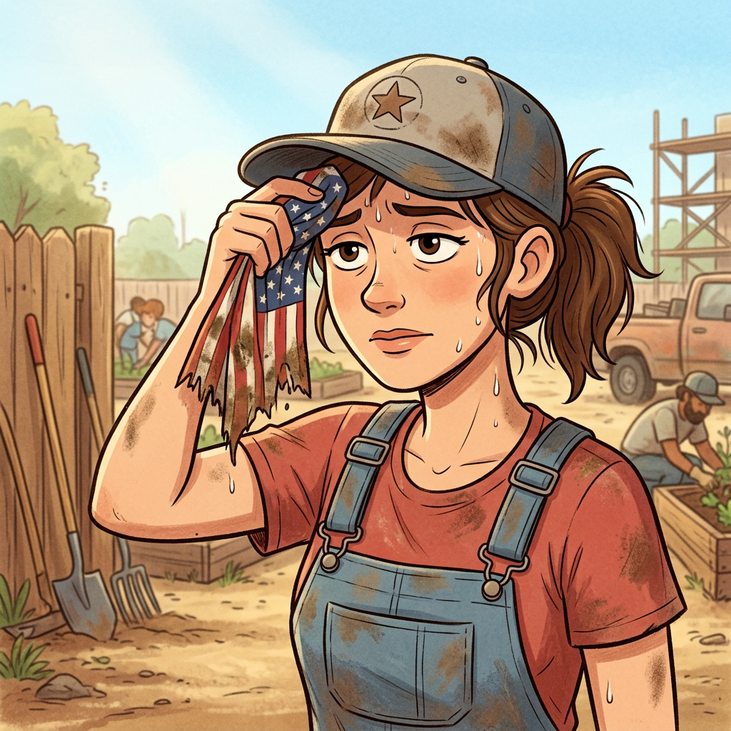Popi's UnSpun News 01MAY26 Young woman wiping sweat with a torn American flag while working outside