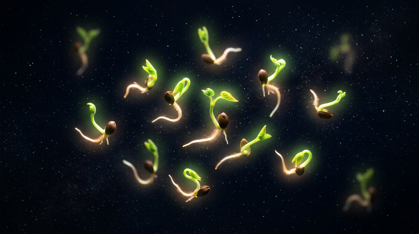 Multiple green seed sprouts with roots glowing against a dark starry background