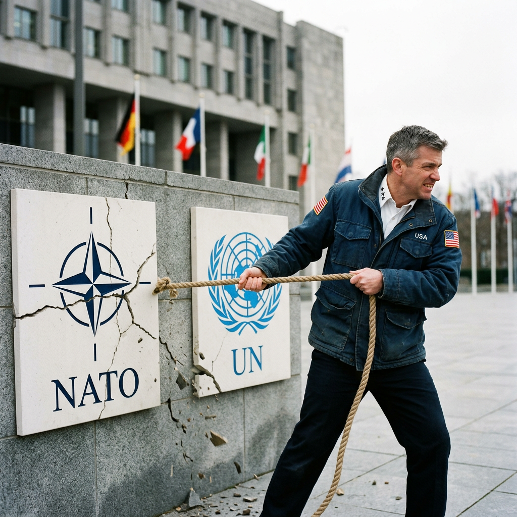 Man pulling rope tied to damaged NATO sign next to UN sign outdoors