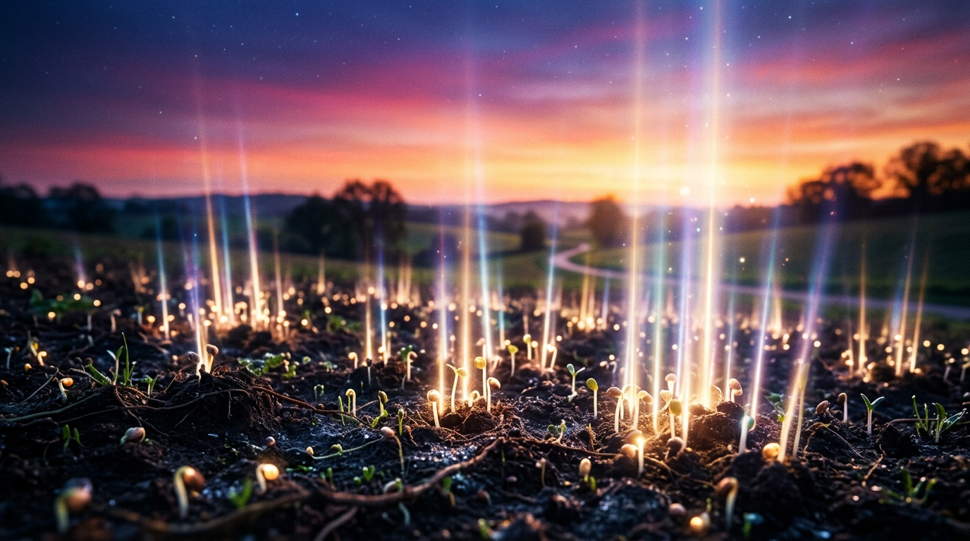 Seeds sprouting into glowing light beams gradient sky