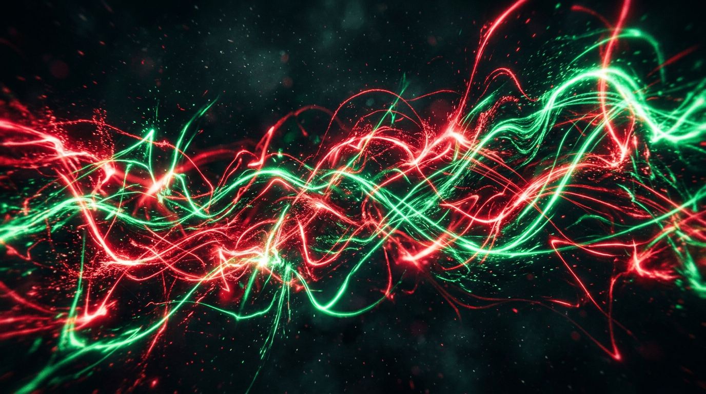 Popi's UnSpun News 04MAY26 - intertwined red and green glowing energy waves on a dark background