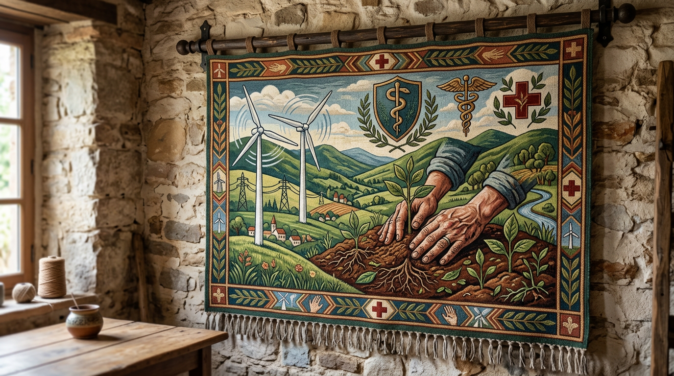 Tapestry showing hands planting seedlings, wind turbines, and healthcare symbols in a rural landscape