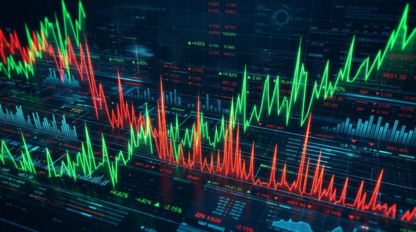 Stock market data with green and red line graphs showing price changes and fluctuations