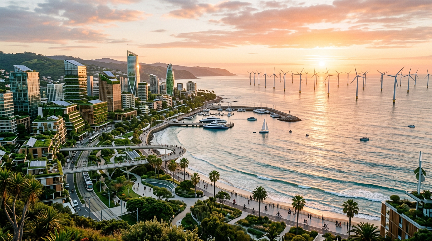 Coastal city with modern green buildings, a waterfront promenade, boats in a marina, and offshore wind turbines during sunset.