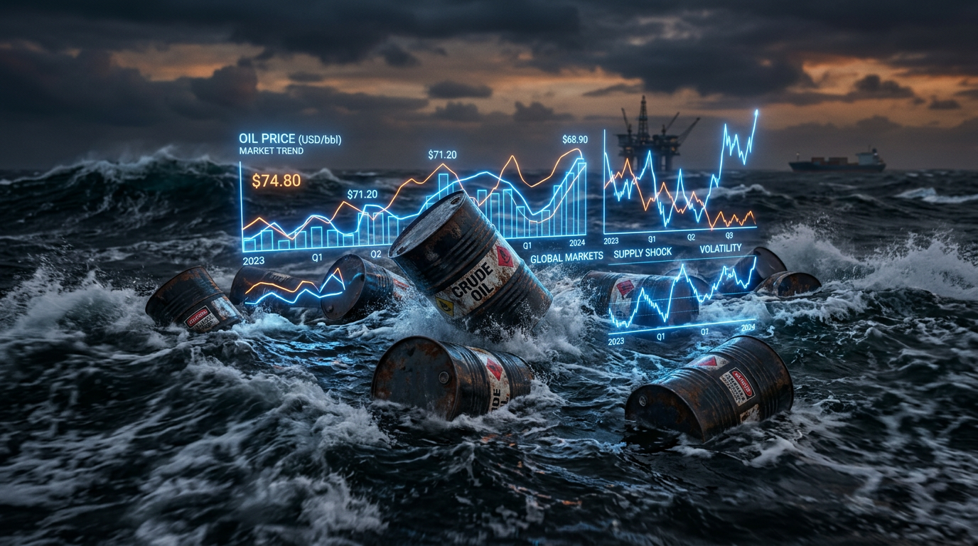 Rusty crude oil barrels floating in stormy ocean waters beneath charts showing oil price trends and market volatility.