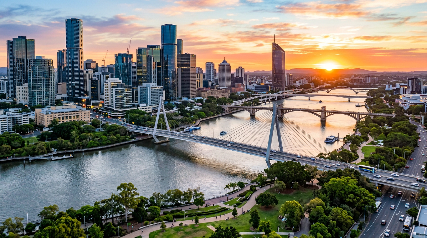 City skyline with river, bridges, and sunset