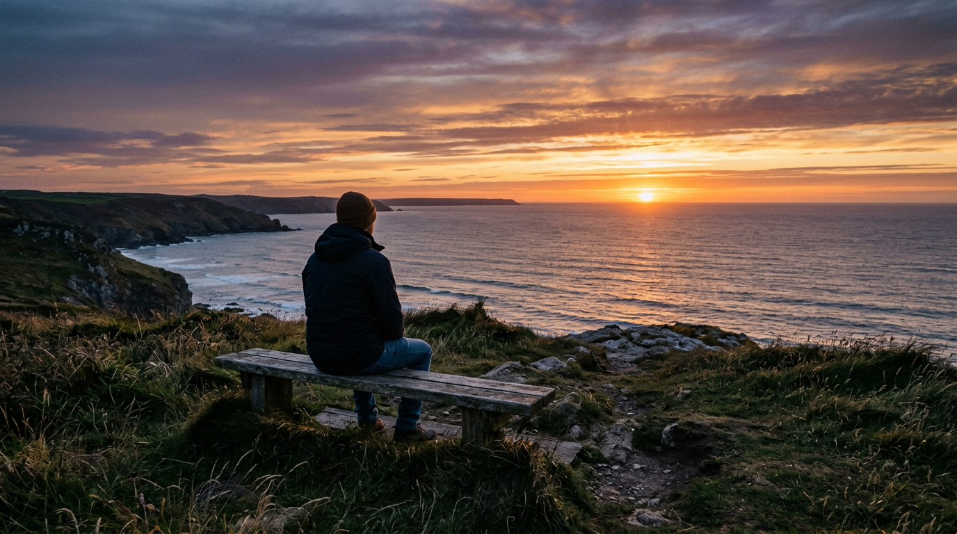 Person sitting on bench facing ocean sunset over rocky cliffs