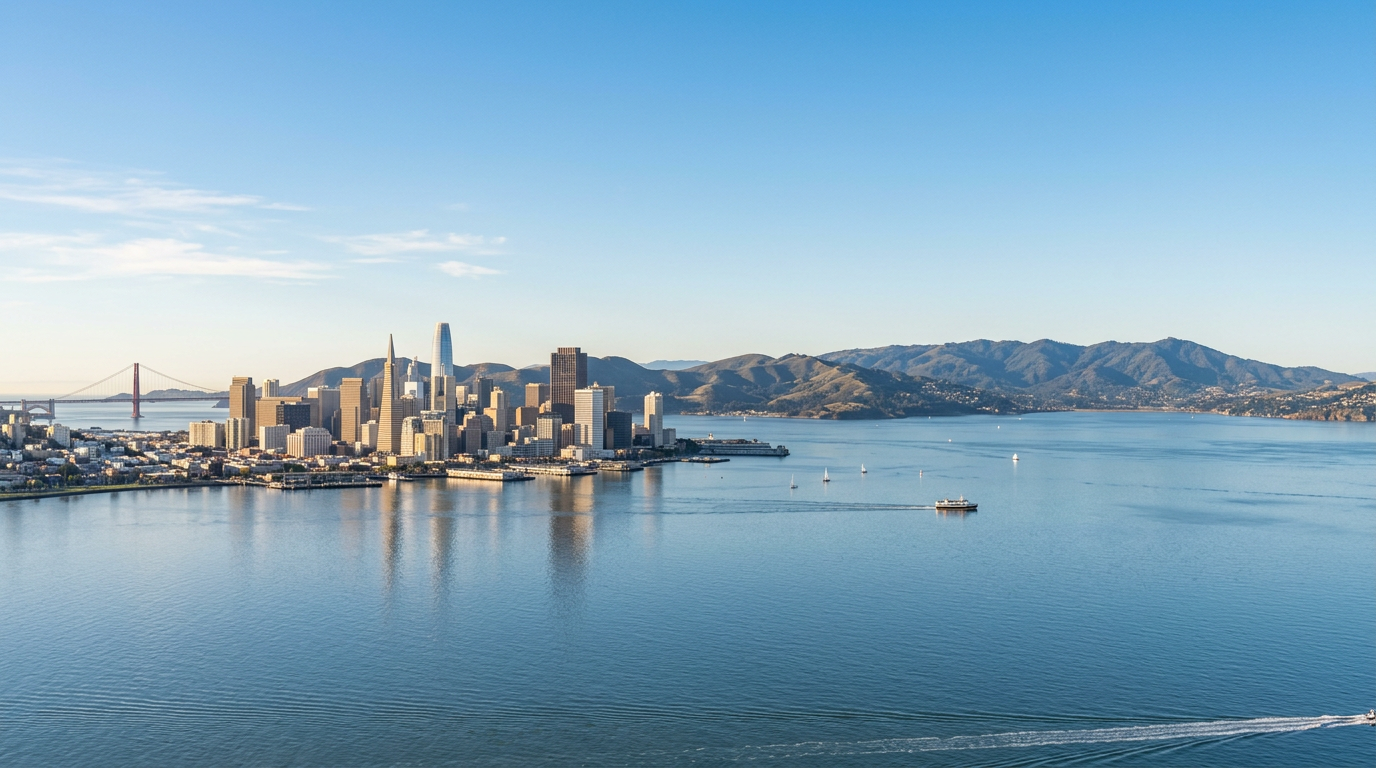 San Francisco city skyline with Golden Gate Bridge and bay waters