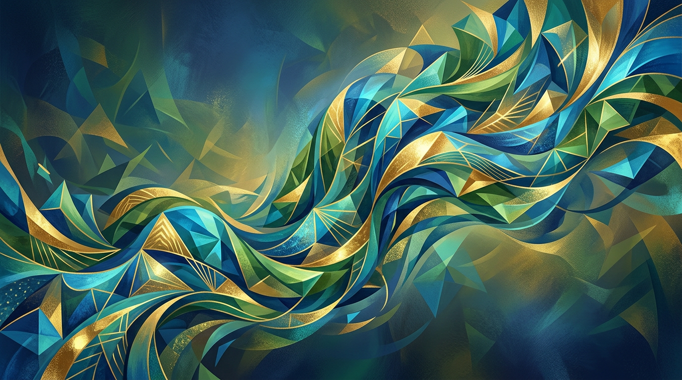 Abstract composition of flowing geometric shapes in blue, green, and gold