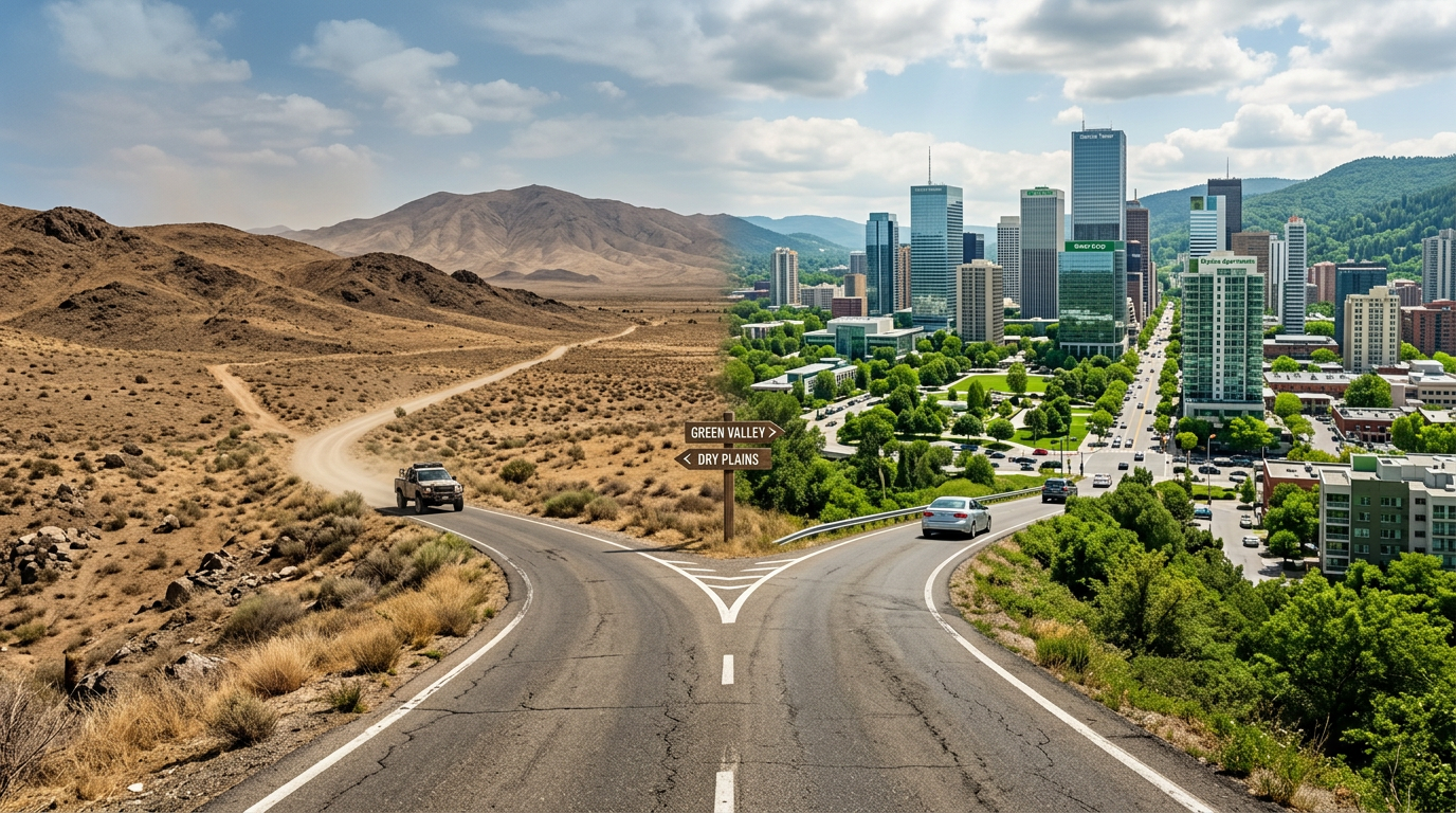 Fork in the road with signs pointing to dry plains on the left and green valley city on the right