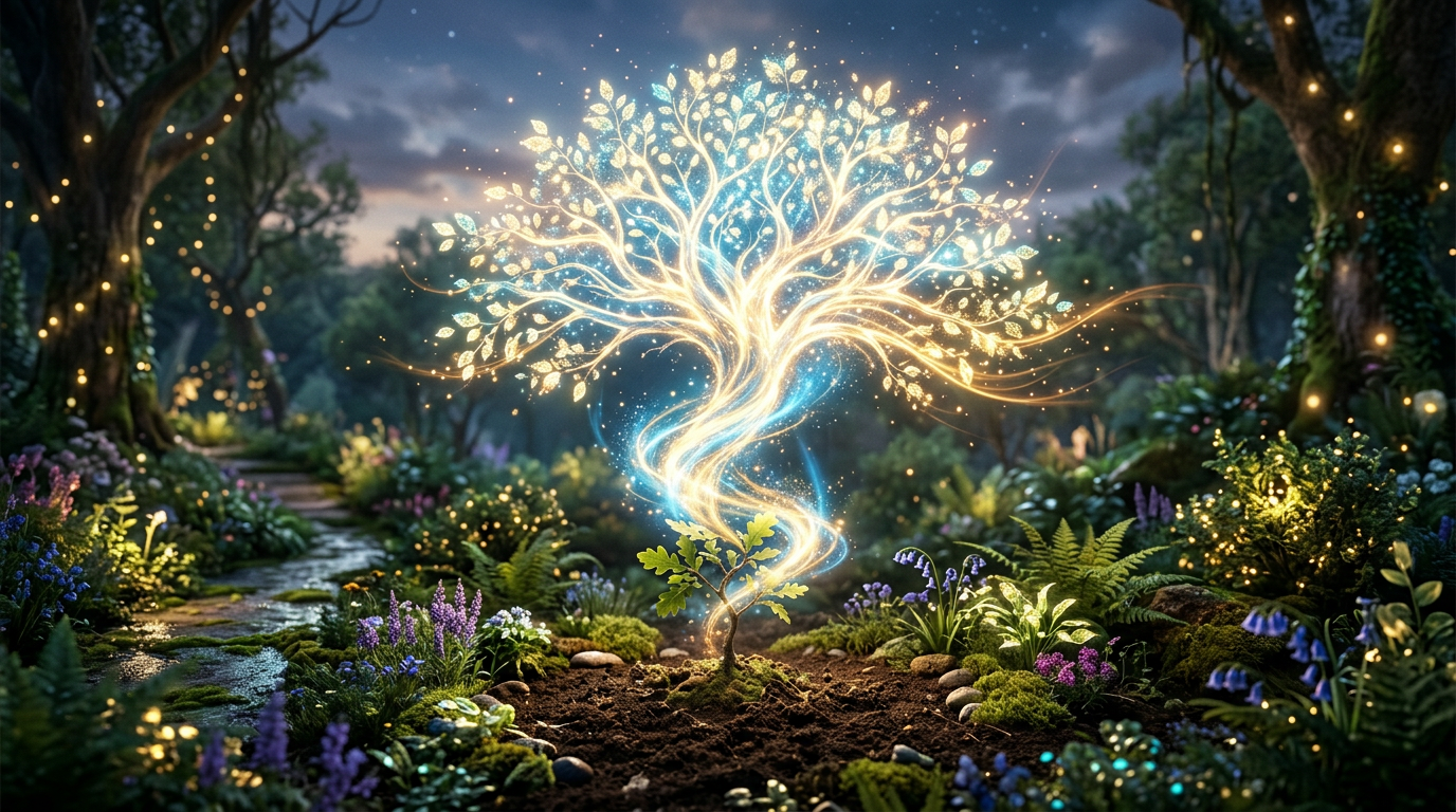 Glowing magical tree with swirling light patterns in a forest clearing surrounded by colorful flowers