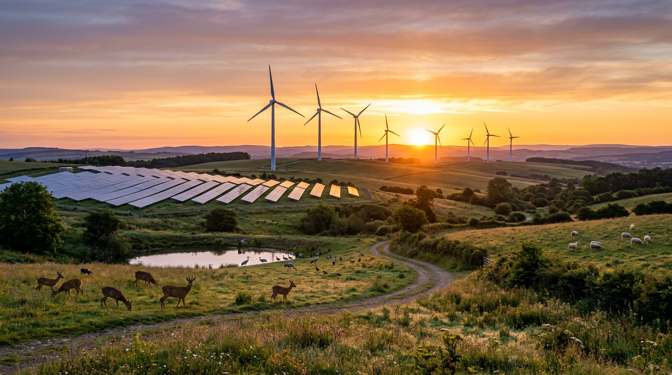 Countryside with wind turbines, solar panels, grazing deer, and sheep at sunset