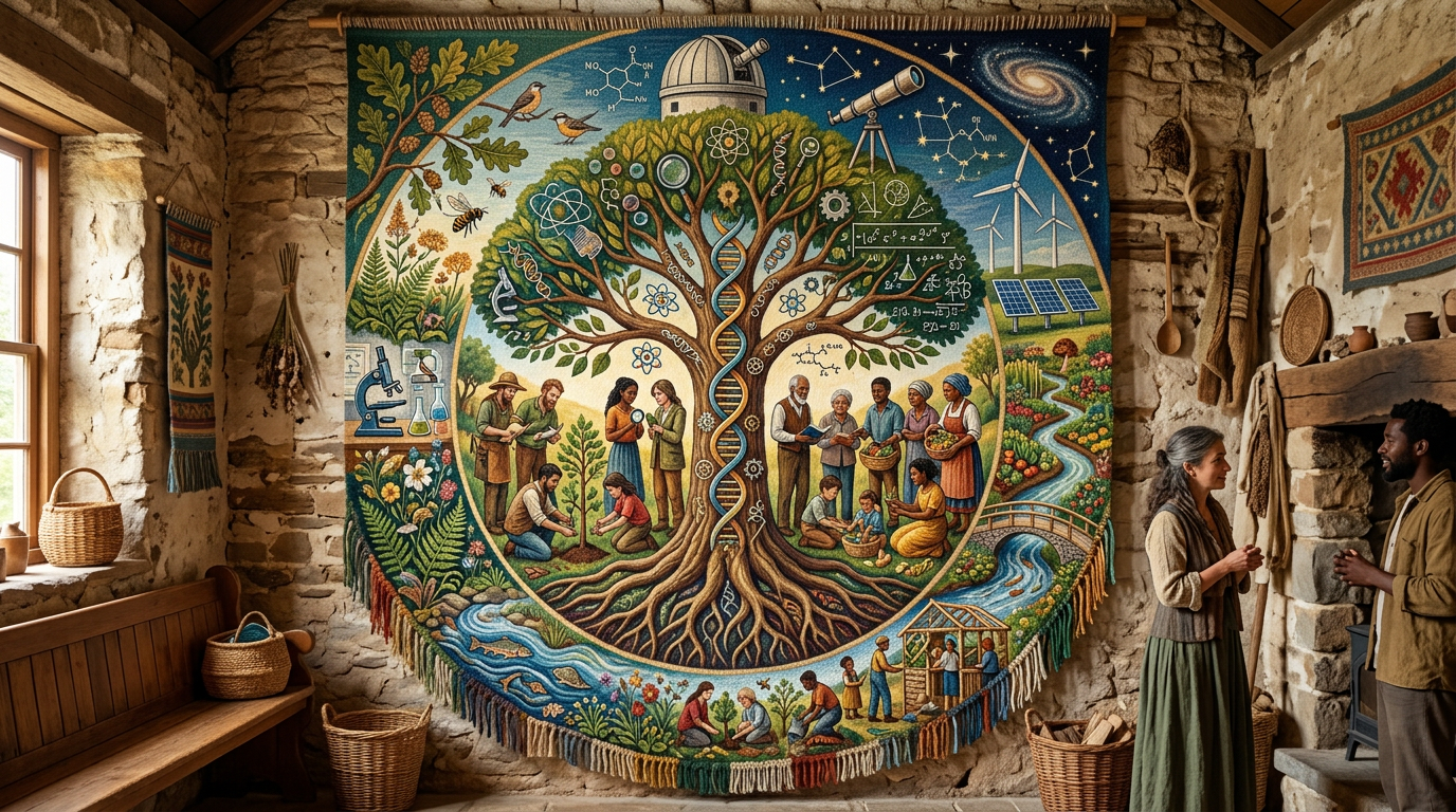 Tapestry featuring a large tree with scientific symbols, people planting and harvesting, surrounded by natural and technological elements