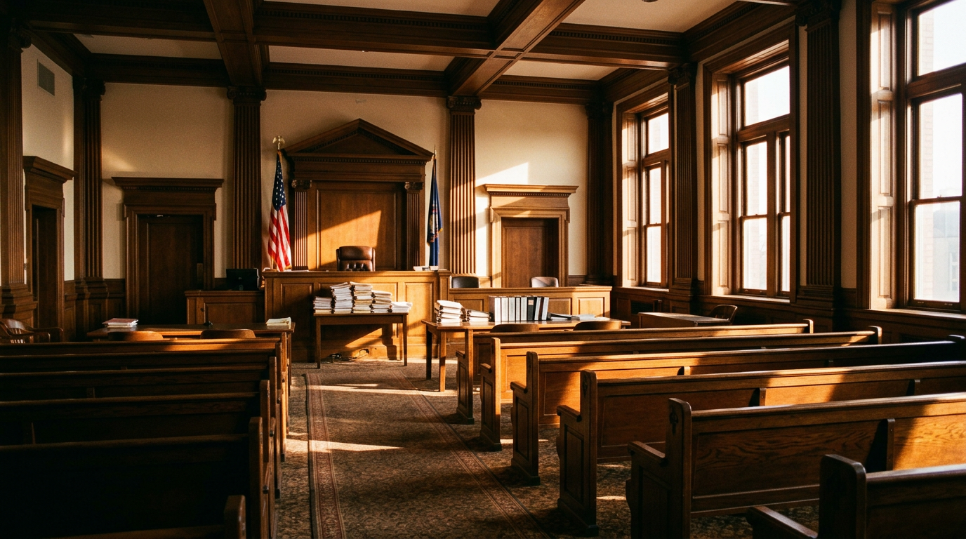 Empty courtroom interior with wooden benches, judge's bench, and American flags