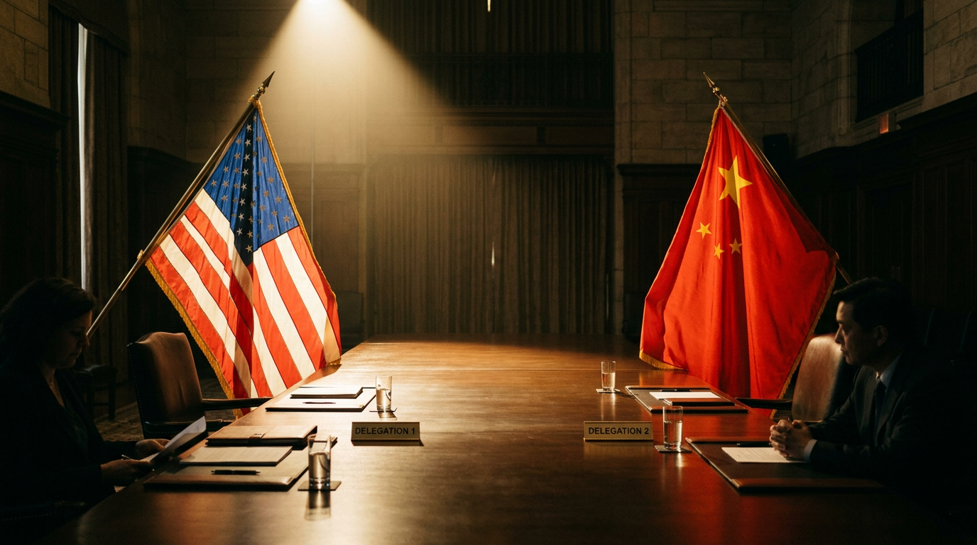 Delegates seated on opposite sides of a conference table with US and China flags