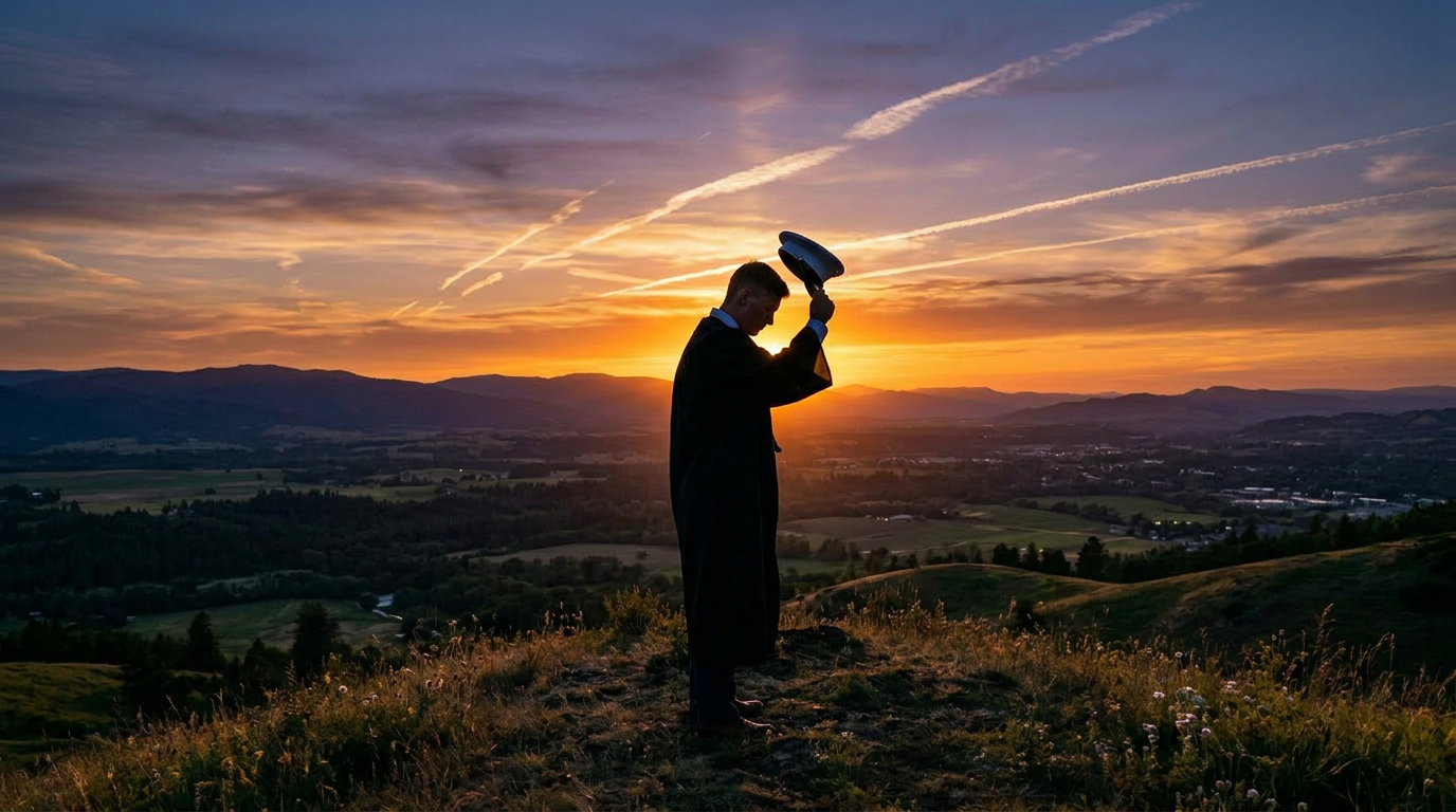 Milestones - Graduate person in cap and gown throws graduation cap at sunset on hilltop