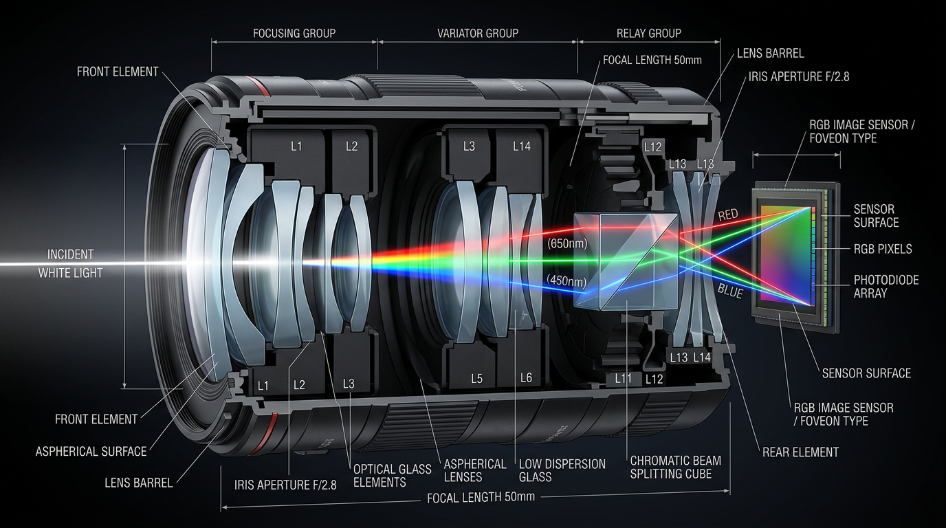 Cutaway of camera lens showing light path through lens elements to RGB image sensor