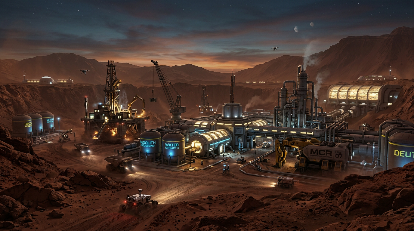 Futuristic mining facility on Mars with machinery, storage tanks labeled 'Regolith Processing' and 'Water Extract', and multiple buildings under a twilight sky with two moons.
