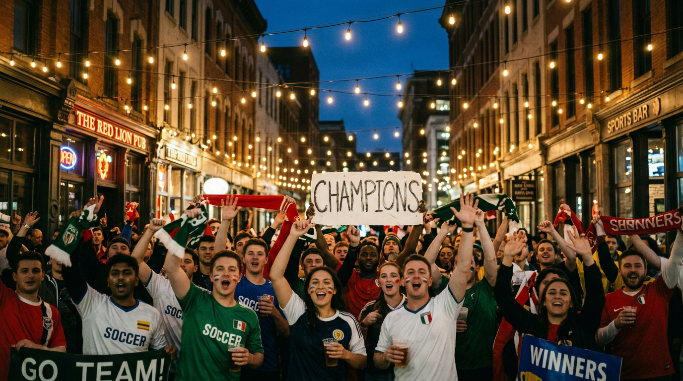 Group of soccer fans celebrating in city street with banners and scarves