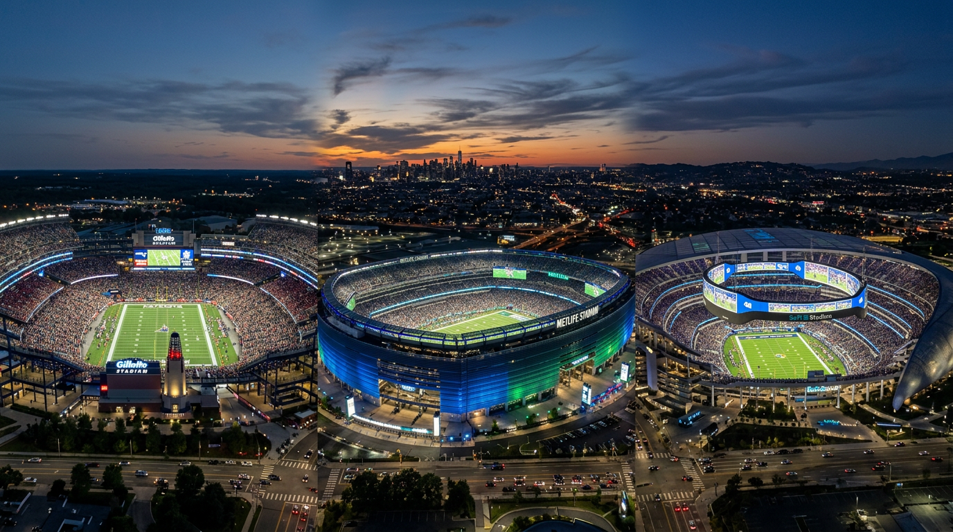 Aerial view of Gillette Stadium, MetLife Stadium, and SoFi Stadium illuminated at twilight with football fields and crowds inside