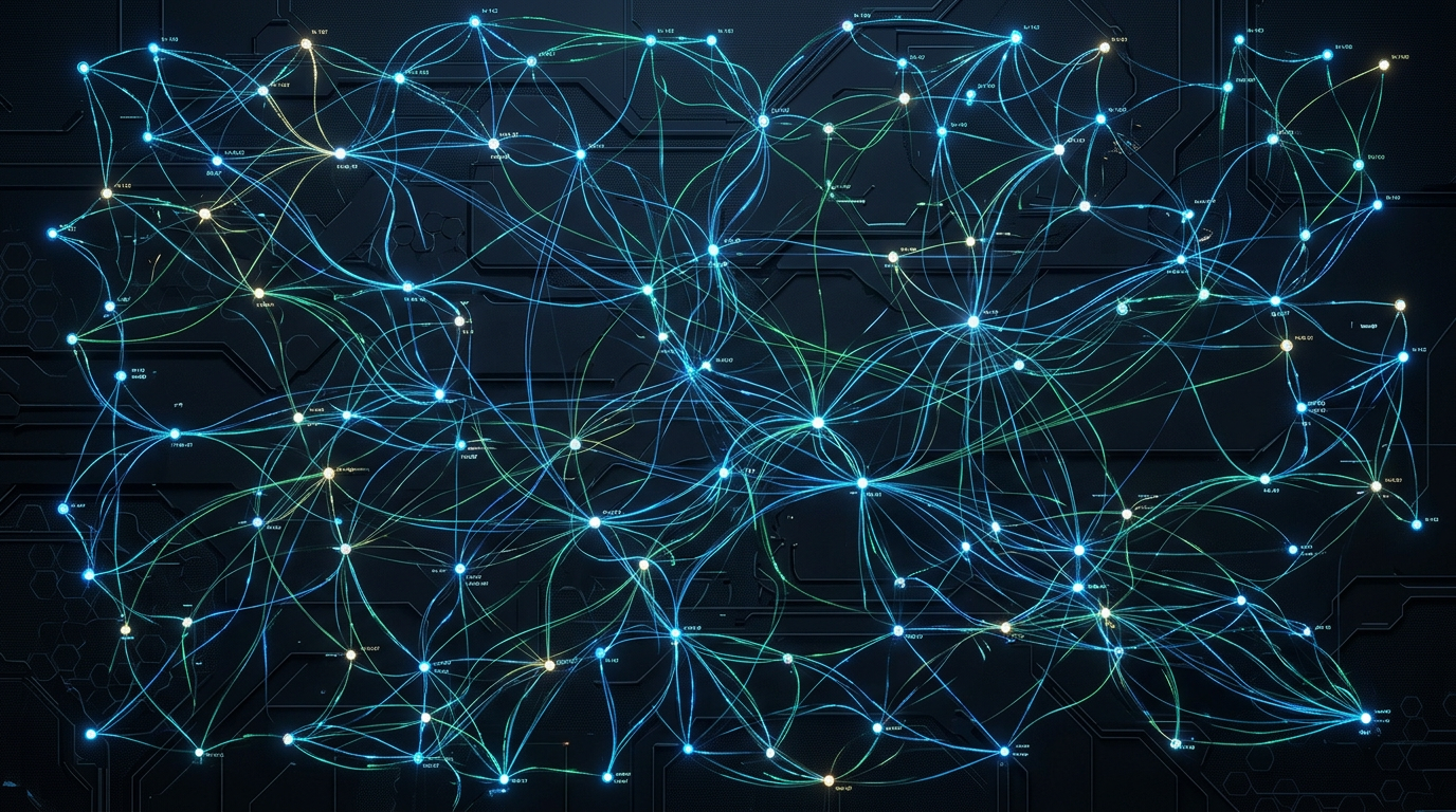 Colorful glowing nodes interconnected with flowing lines representing neural network pathways