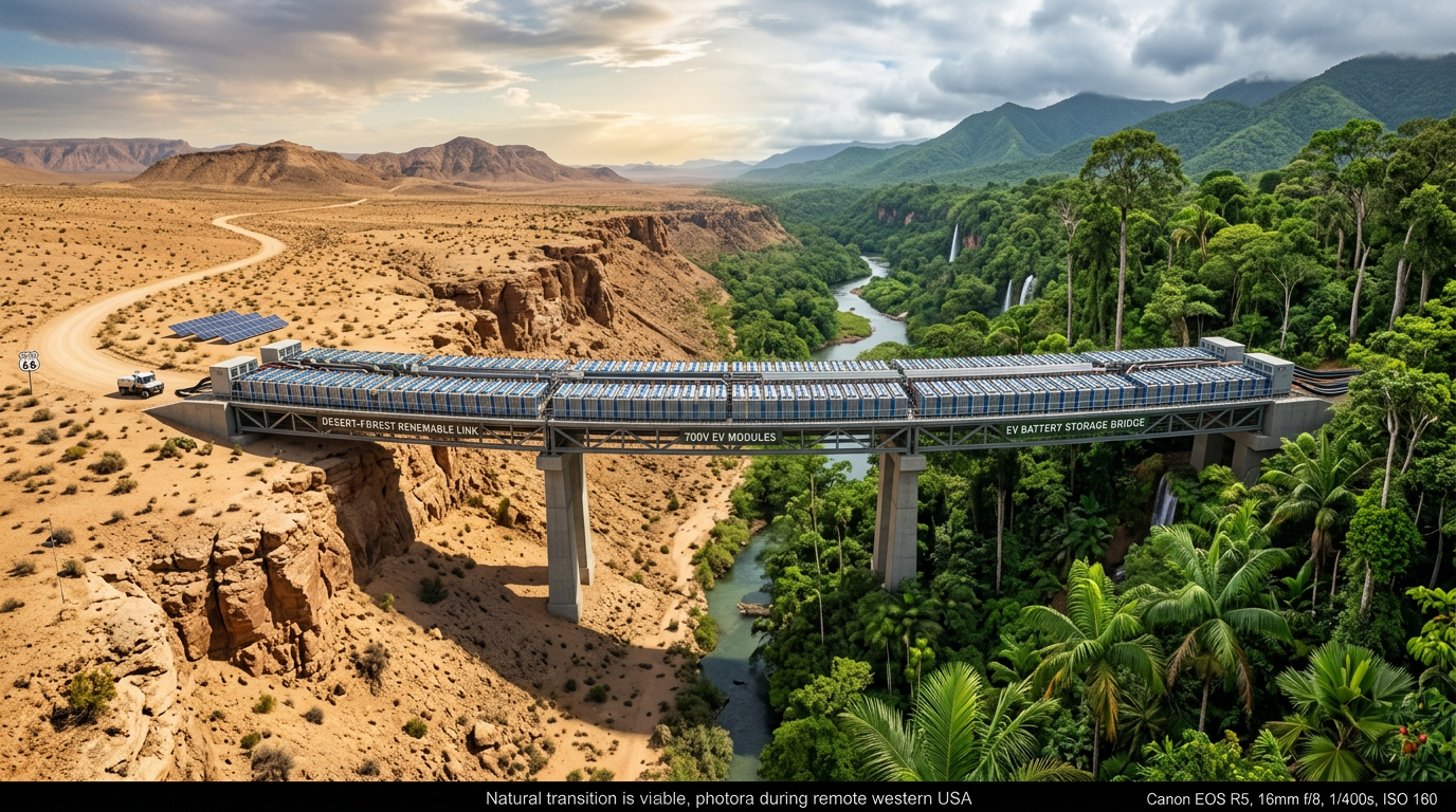 Bridge with solar panels and EV battery modules connecting desert and forest landscapes