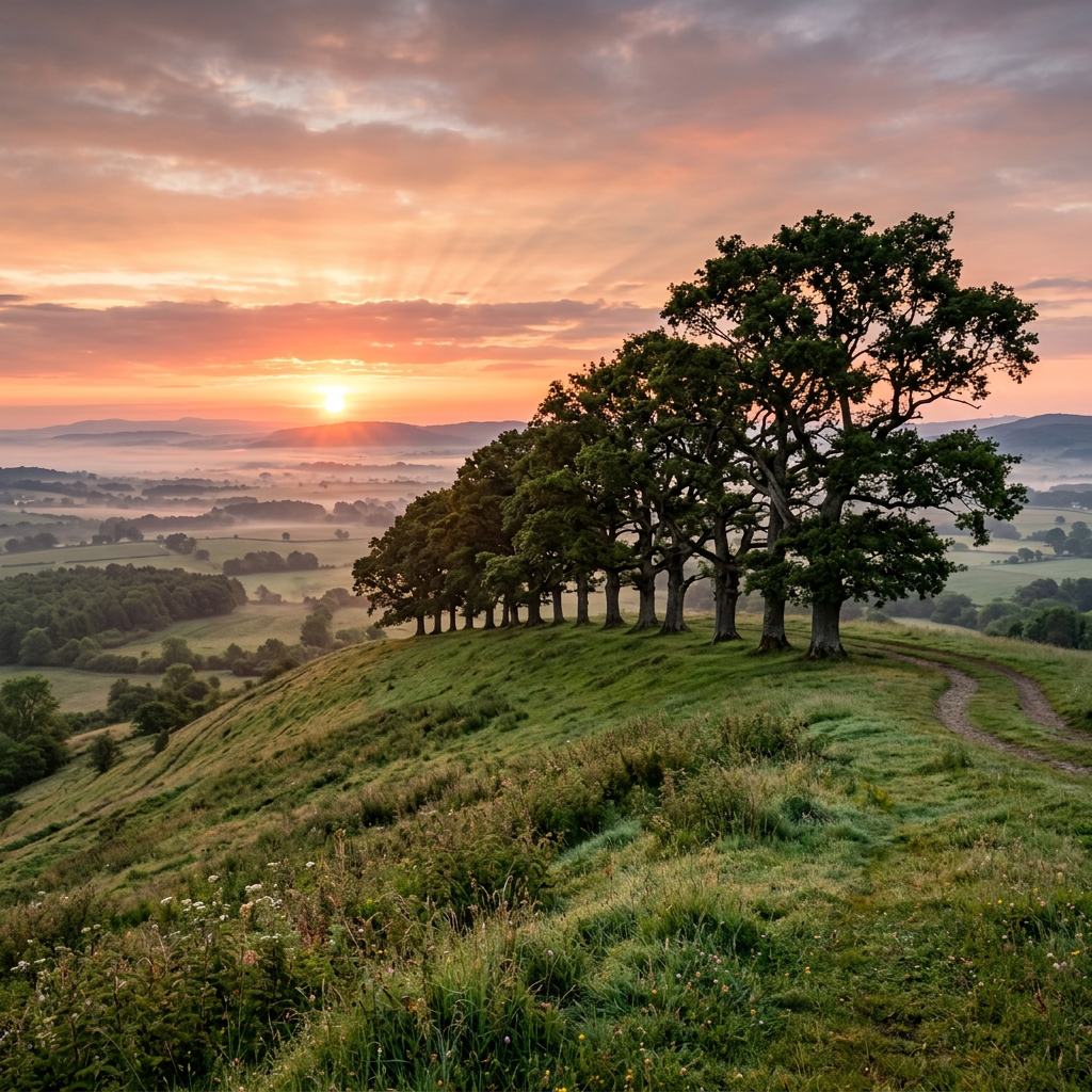 Sunrise casting orange light over a hill with a line of trees and misty green fields