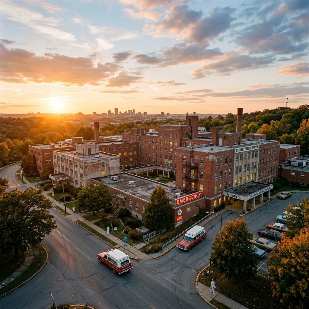 St. Jude's Hospital building with emergency ambulances outside during sunset