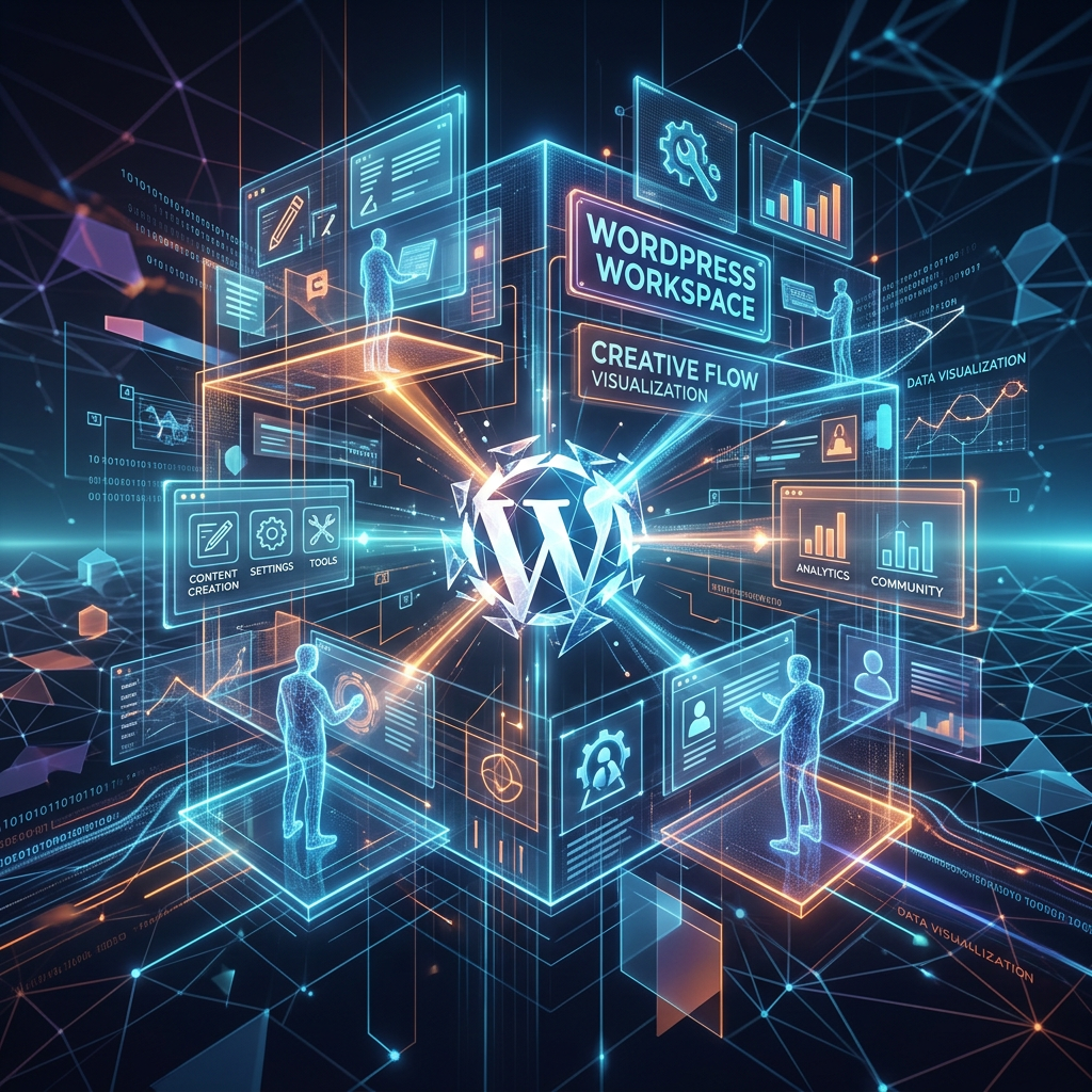 Digital interface with WordPress logo, creative flow, analytics, content creation, and user icons