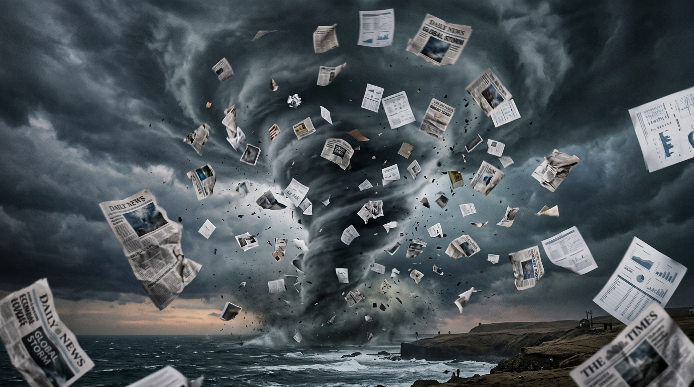 Tornado spinning newspapers and financial documents over the ocean near a cliff