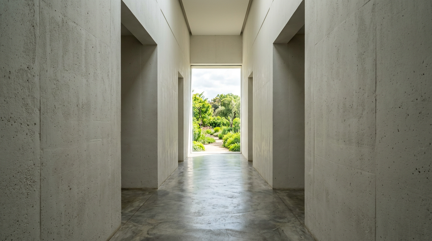 Minimalist architectural passage opening toward luminous daylight