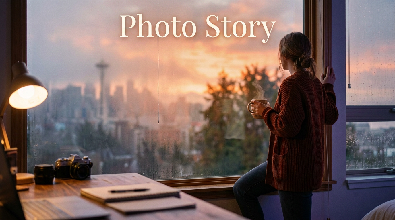 Woman holding coffee by a window overlooking a city at sunset