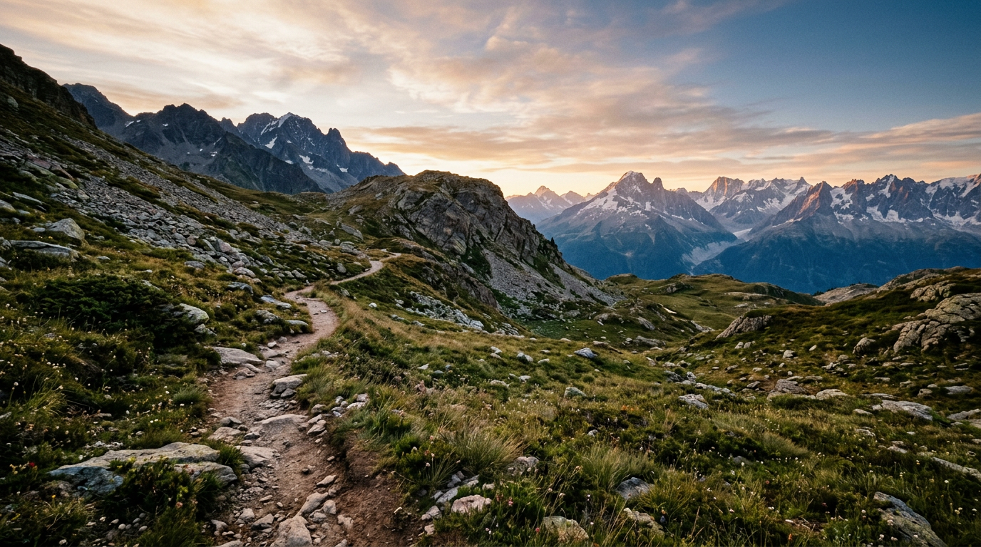 High Country Adventures - Rocky alpine trail winding through grass toward snow-capped mountains